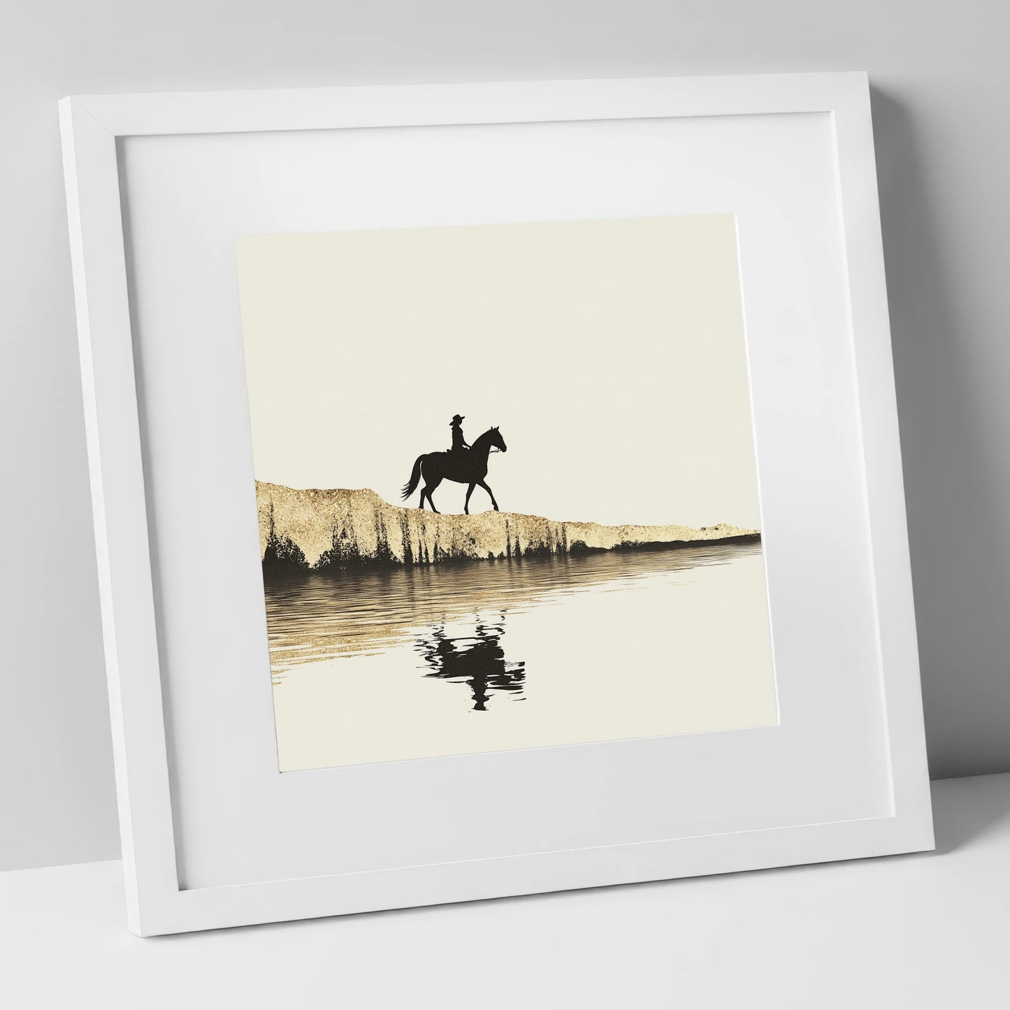 Golden Shores Silhouette beach horse art print in white frame