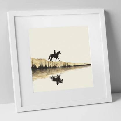 Golden Shores Silhouette beach horse art print in white frame