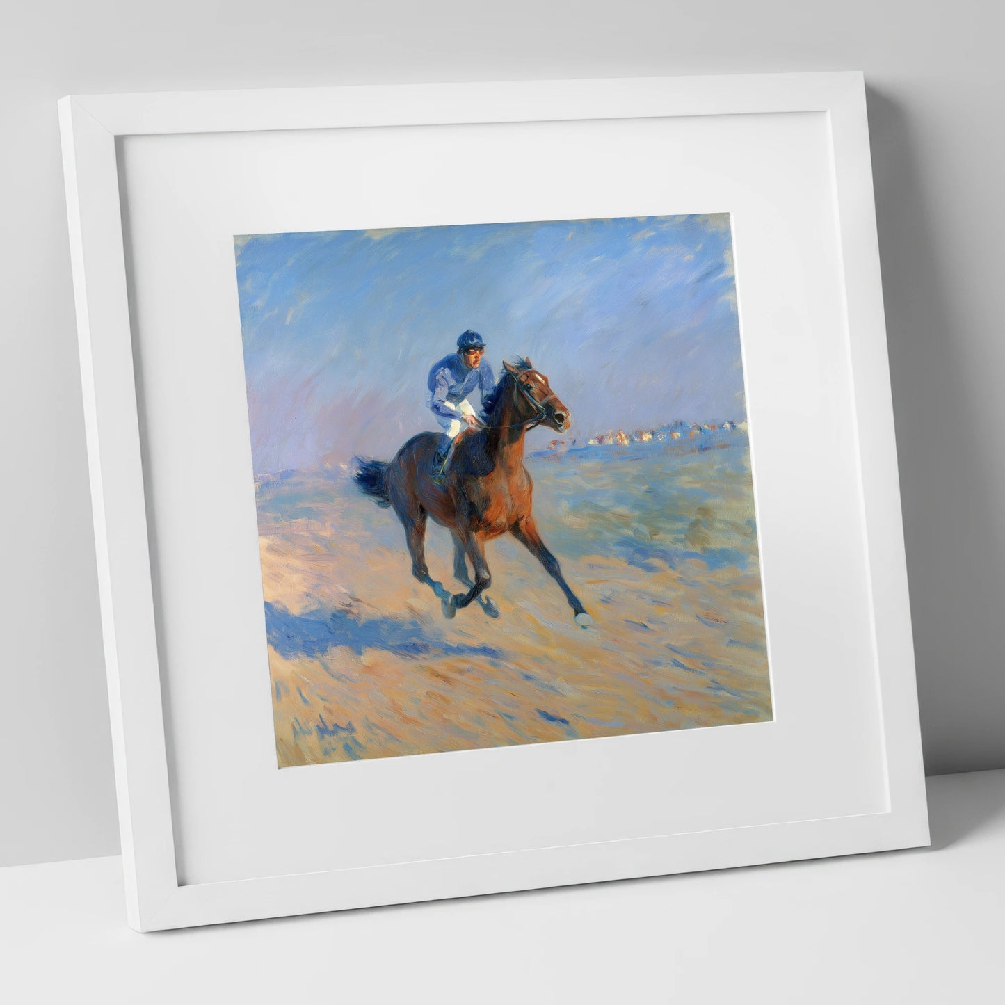 The Morning Gallop racing horse art print in white frame
