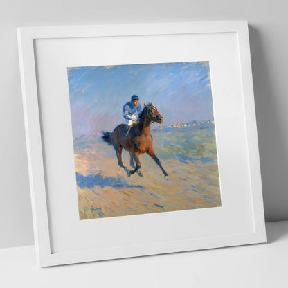 The Morning Gallop racing horse art print in white frame