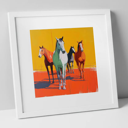 Vibrant Sunlit Herd wild horses art print in white frame