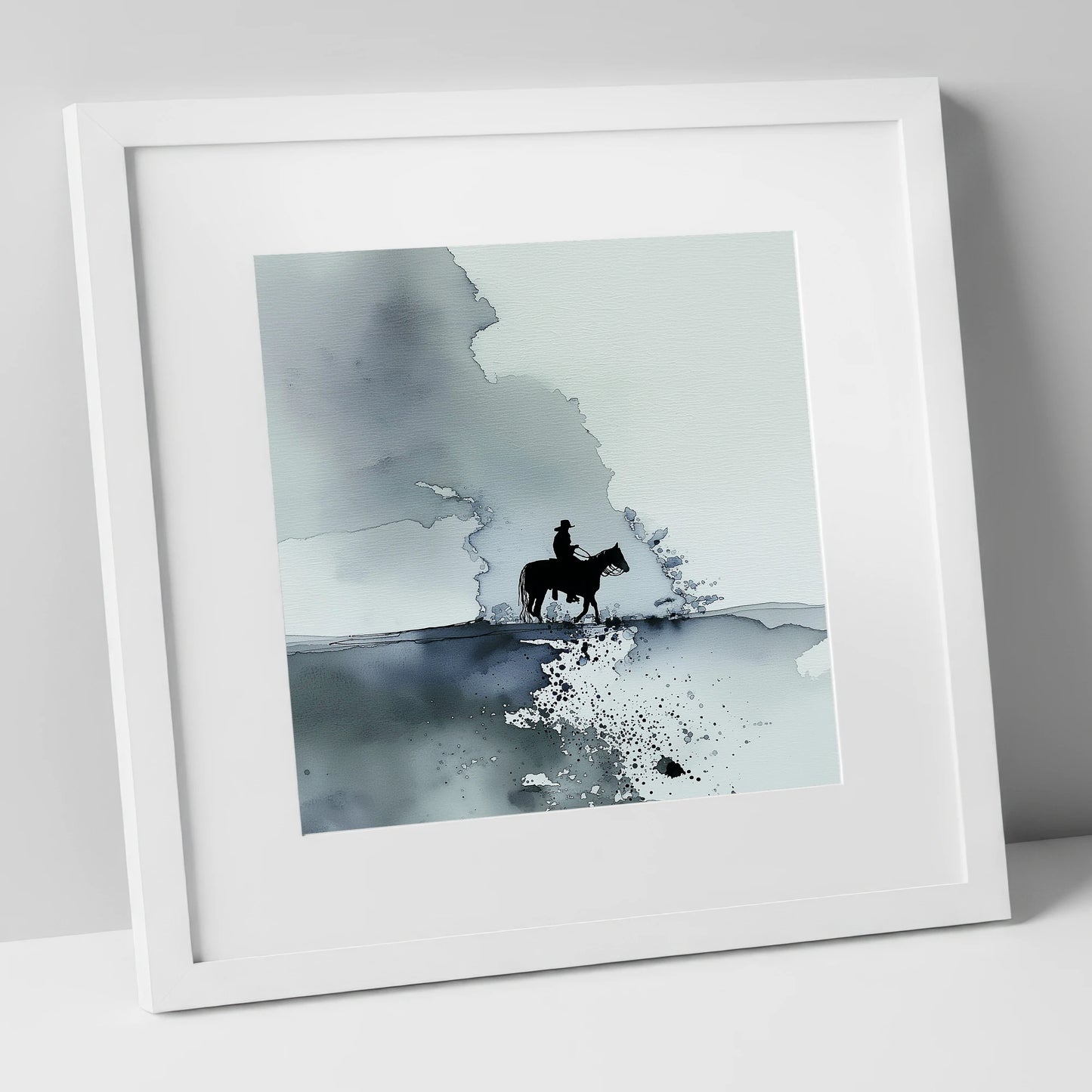 The Lone Trail western horse art print in white frame