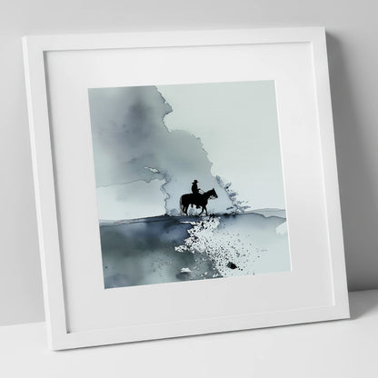 The Lone Trail western horse art print in white frame