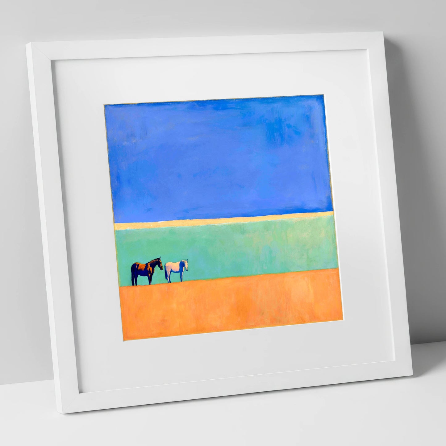 Sunlit Plain horse landscape art print in white frame