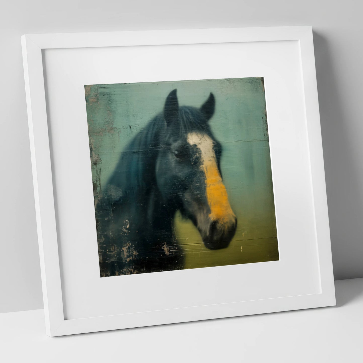 The Golden Blaze horse portrait art print in white frame