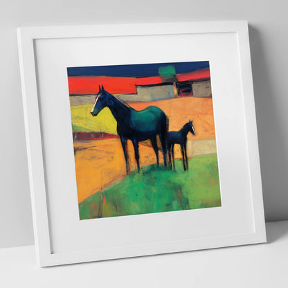 Midnight Sapphire Bond mare & foal art print in white frame