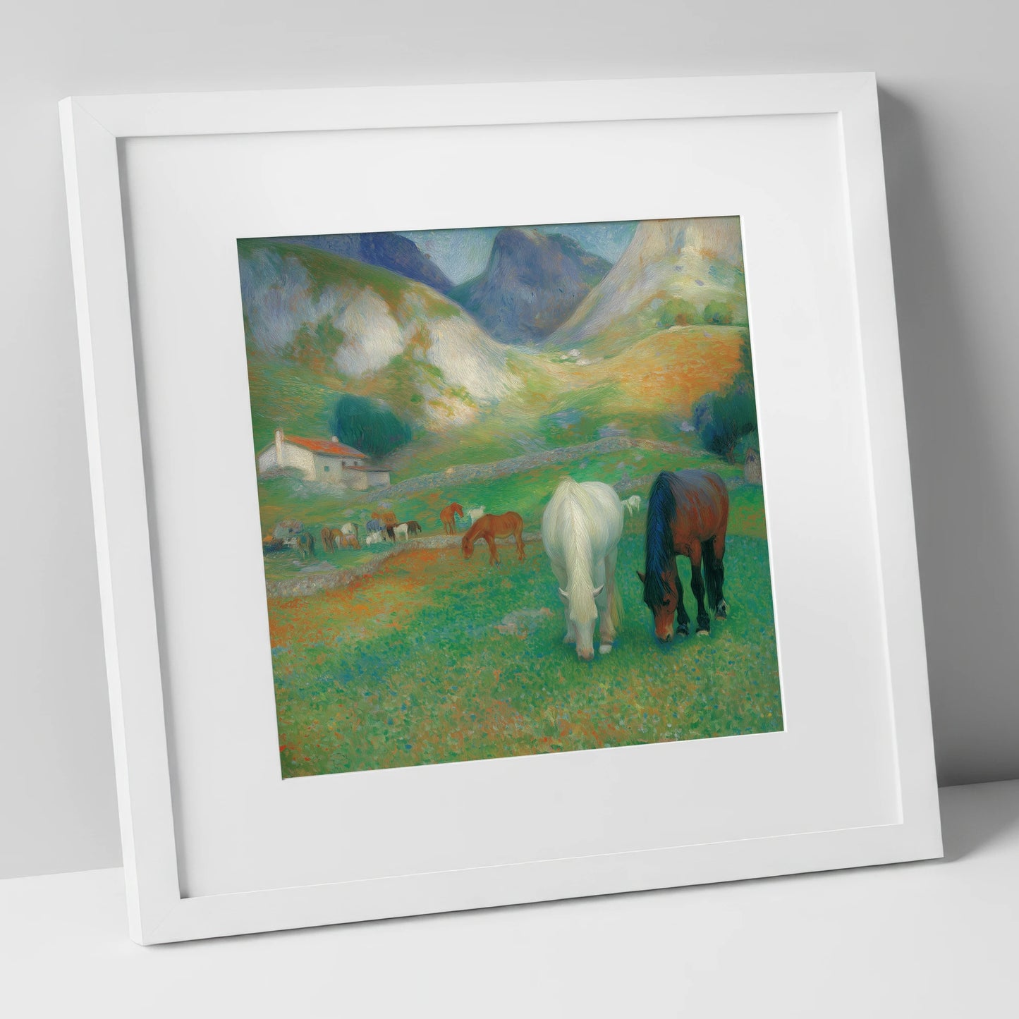 Vibrant Valley Pasture horse landscape art print in white frame