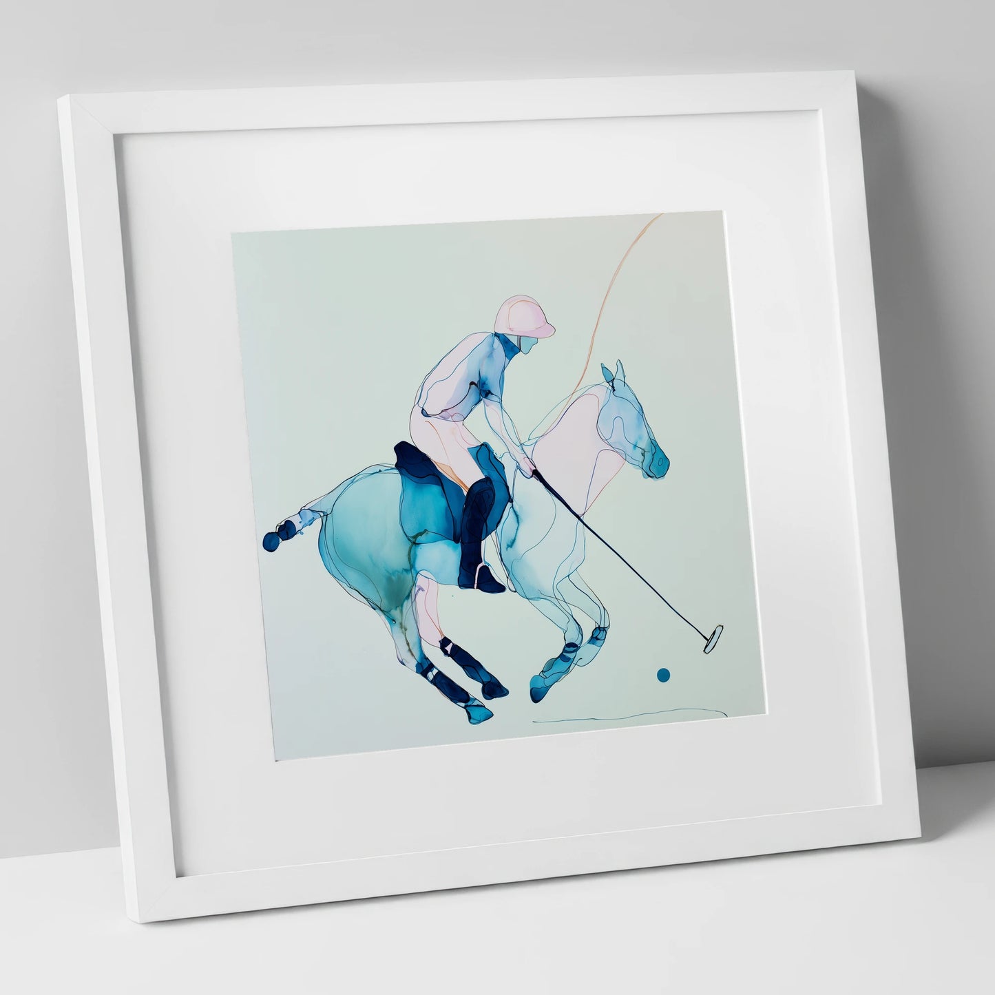 Cerulean Chukka polo horse art print in white frame
