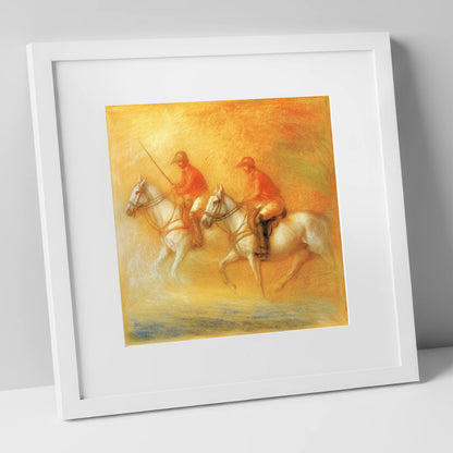Golden Hour Polo polo horse art print in white frame