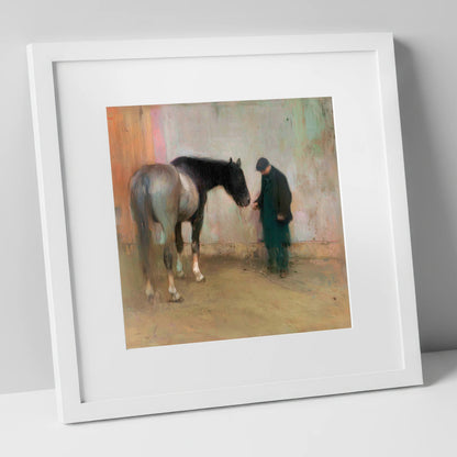 A Quiet Word horse & rider art print in white frame