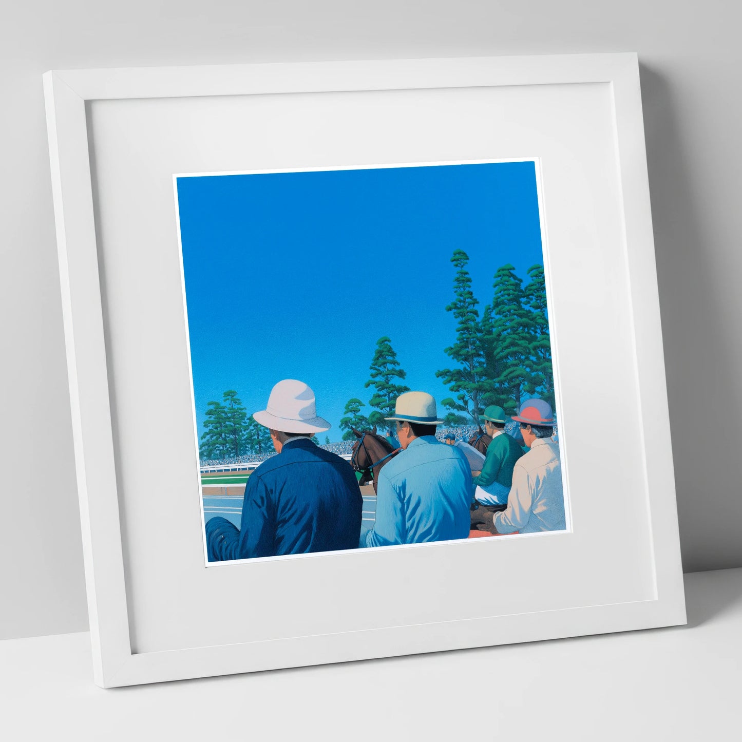 Trackside Anticipation racing horse art print in white frame