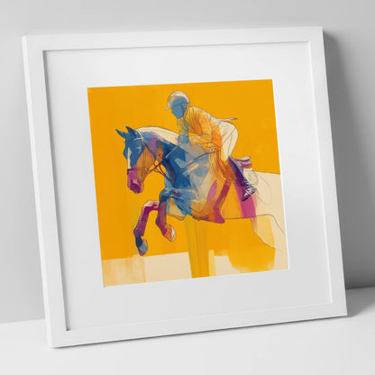 Vibrant Mid-Air Clearance show jumping horse art print in white frame