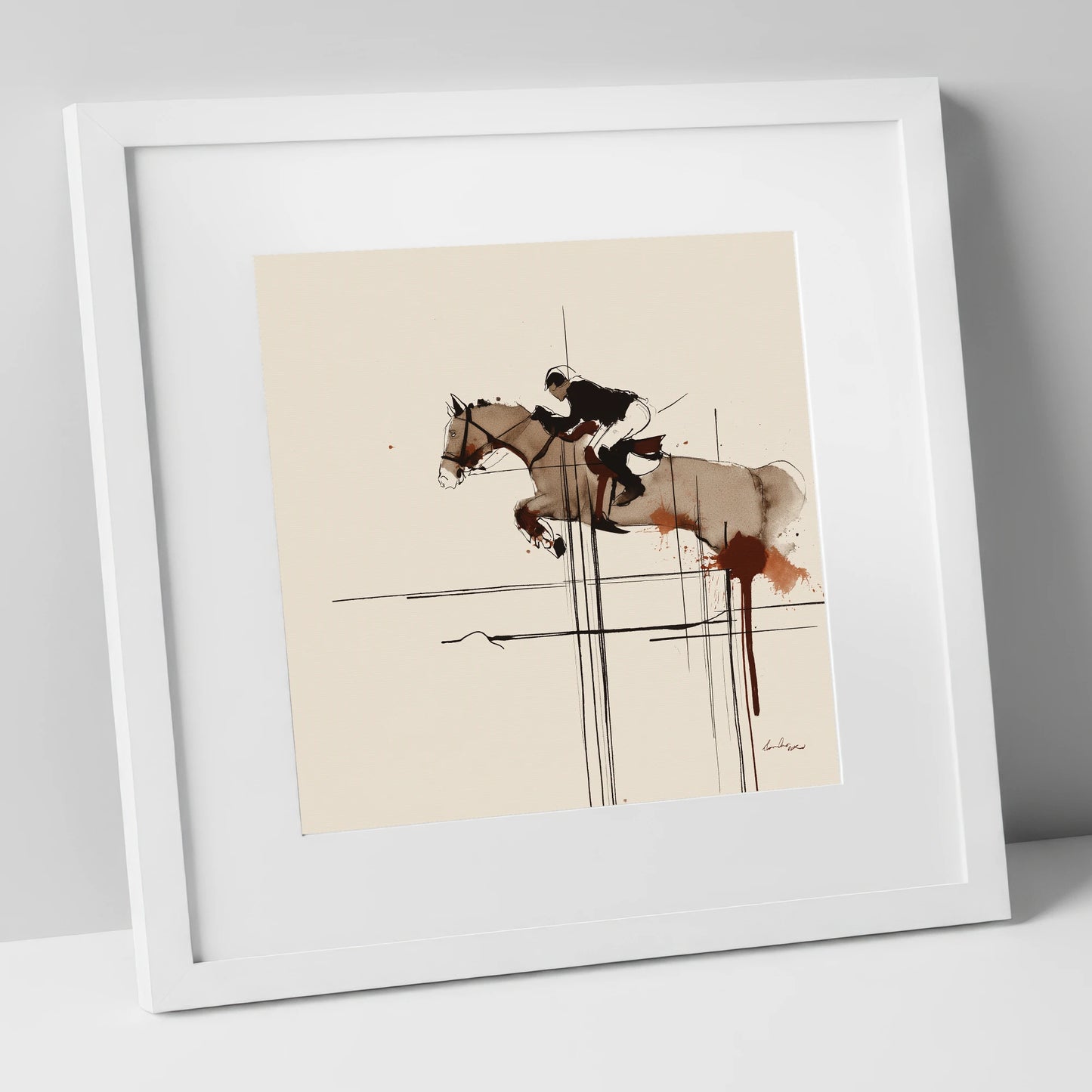 Precision and Flight show jumping horse art print in white frame