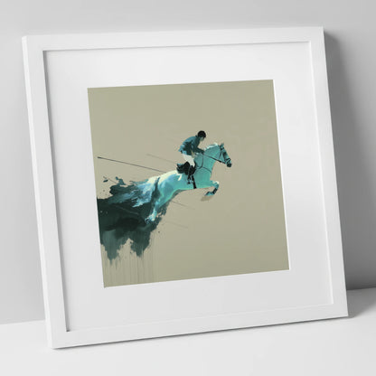 Momentum in Teal show jumping horse art print in white frame