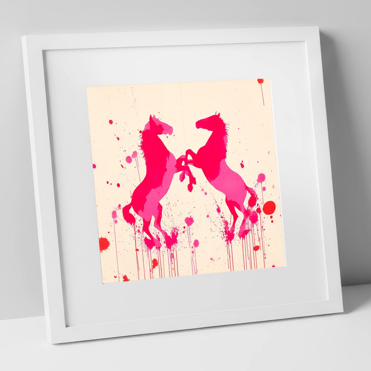 Rearing in Magenta wild horses art print in white frame