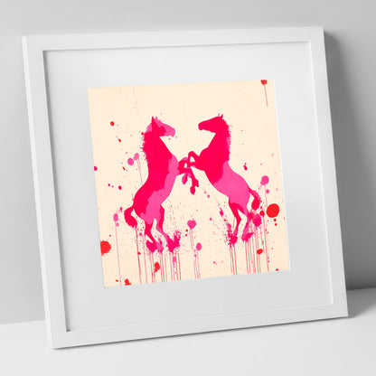 Rearing in Magenta wild horses art print in white frame