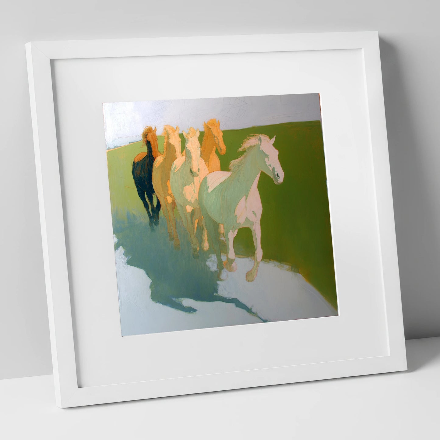 Ethereal Pastel Herd wild horses art print in white frame