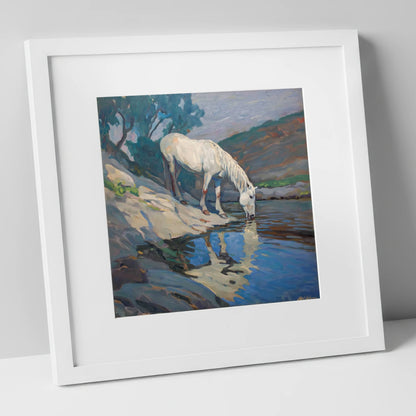 Tranquil Waters Edge horse landscape art print in white frame