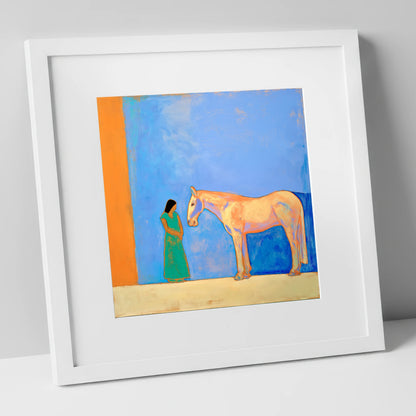 Silent Understanding horse & rider art print in white frame