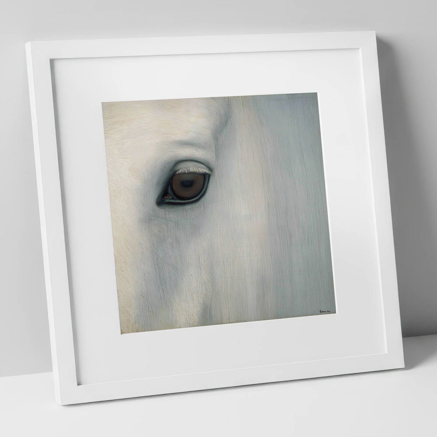 Quiet Gaze of the Grey horse portrait art print in white frame