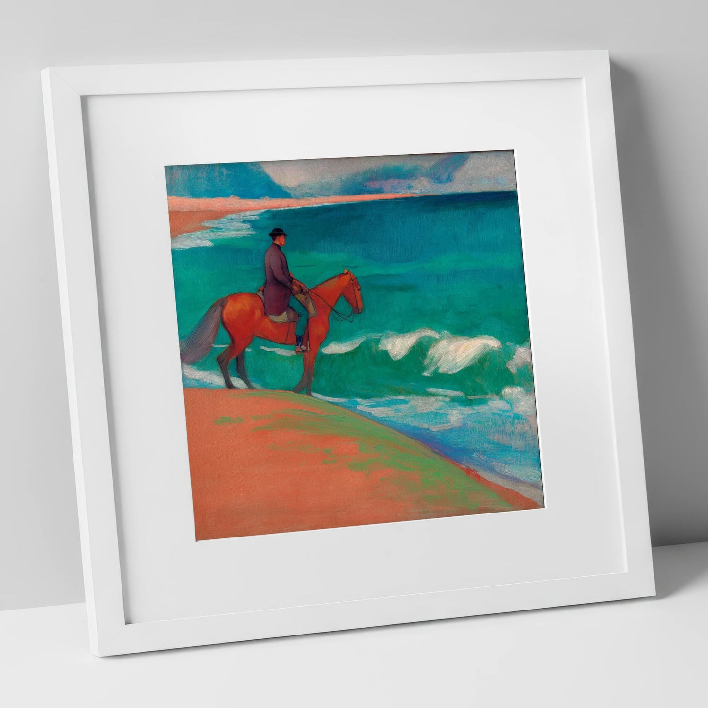 Chestnut By The Emerald Shore horse landscape art print in white frame