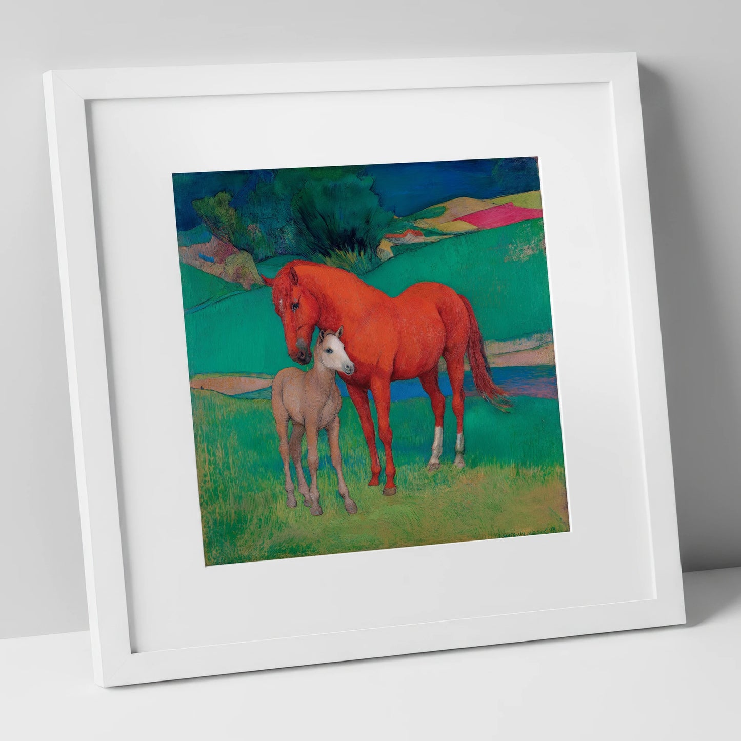 Vibrant Maternal Bond mare & foal art print in white frame