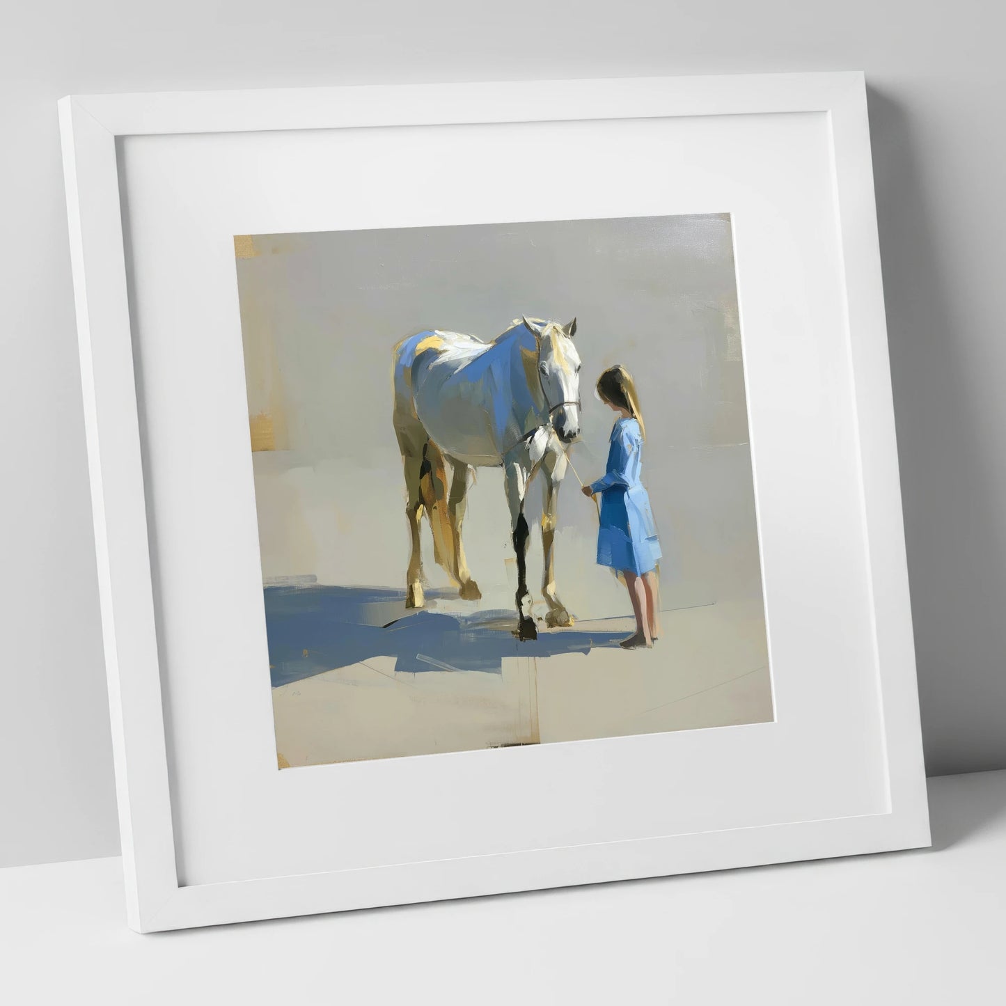Sunlit Connection horse & rider art print in white frame