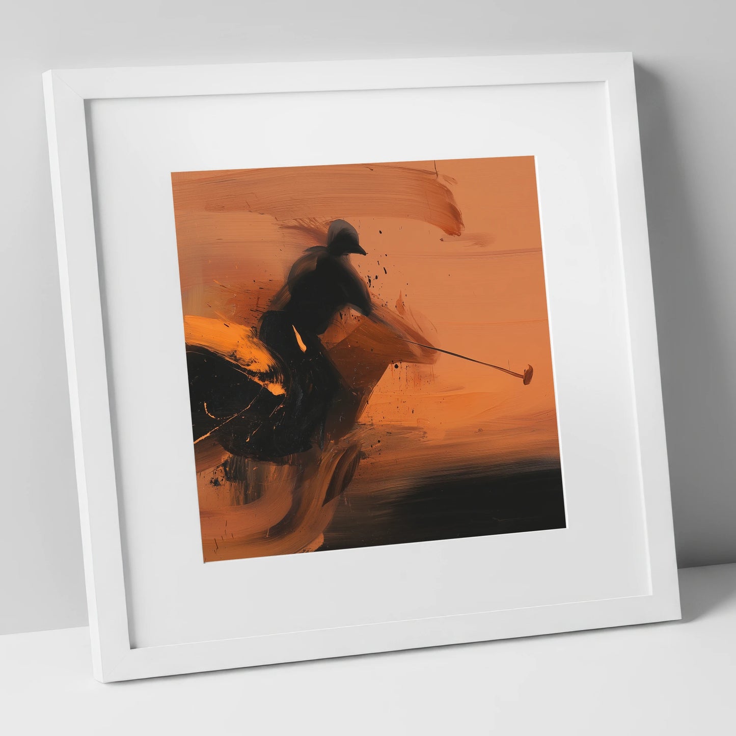 Strike in Amber polo horse art print in white frame