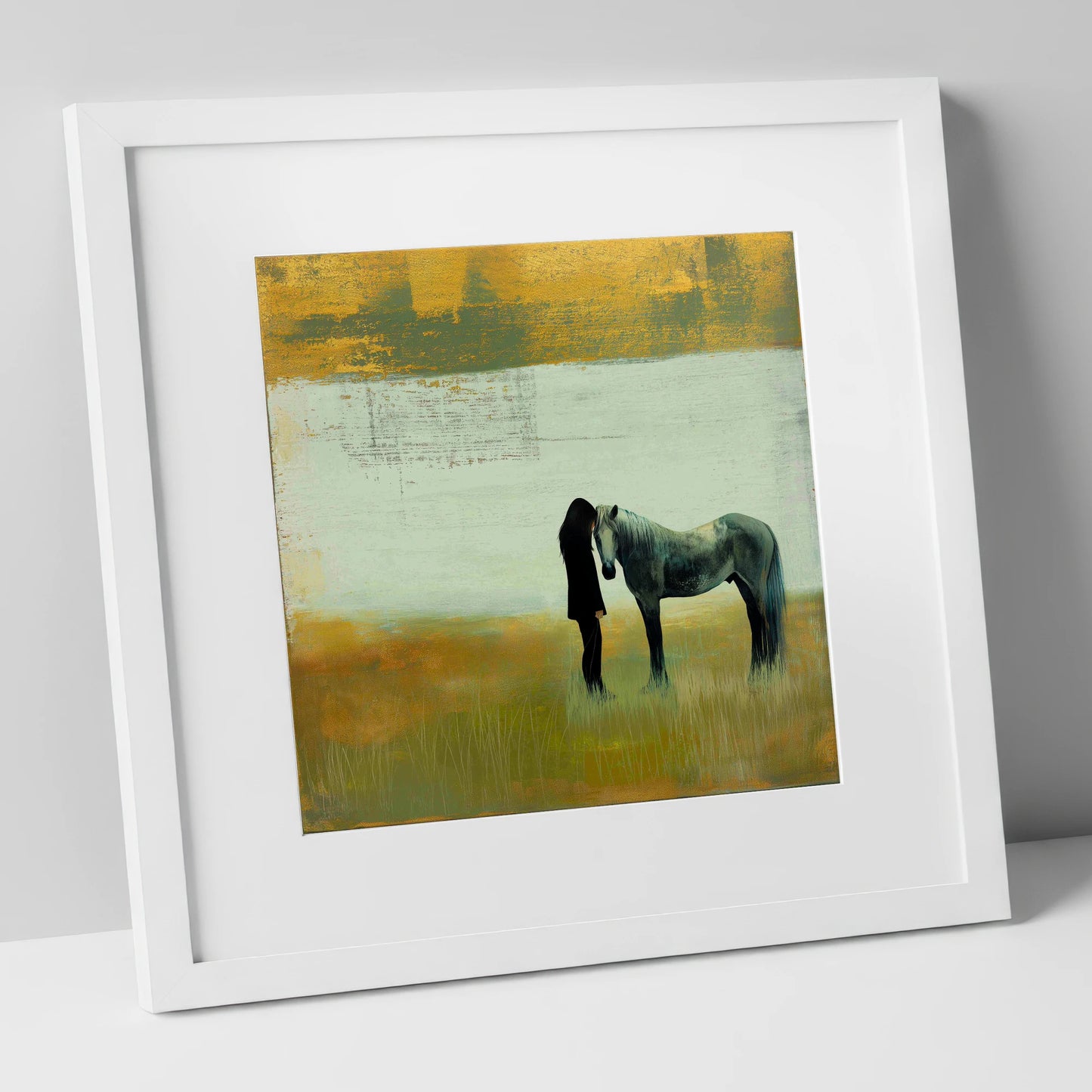 The Quiet Bond horse & rider art print in white frame