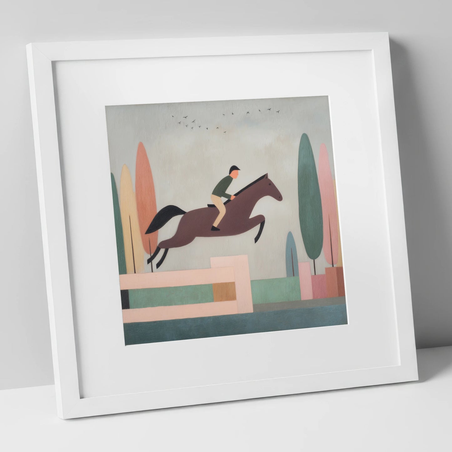Nostalgic Clear Round show jumping horse art print in white frame