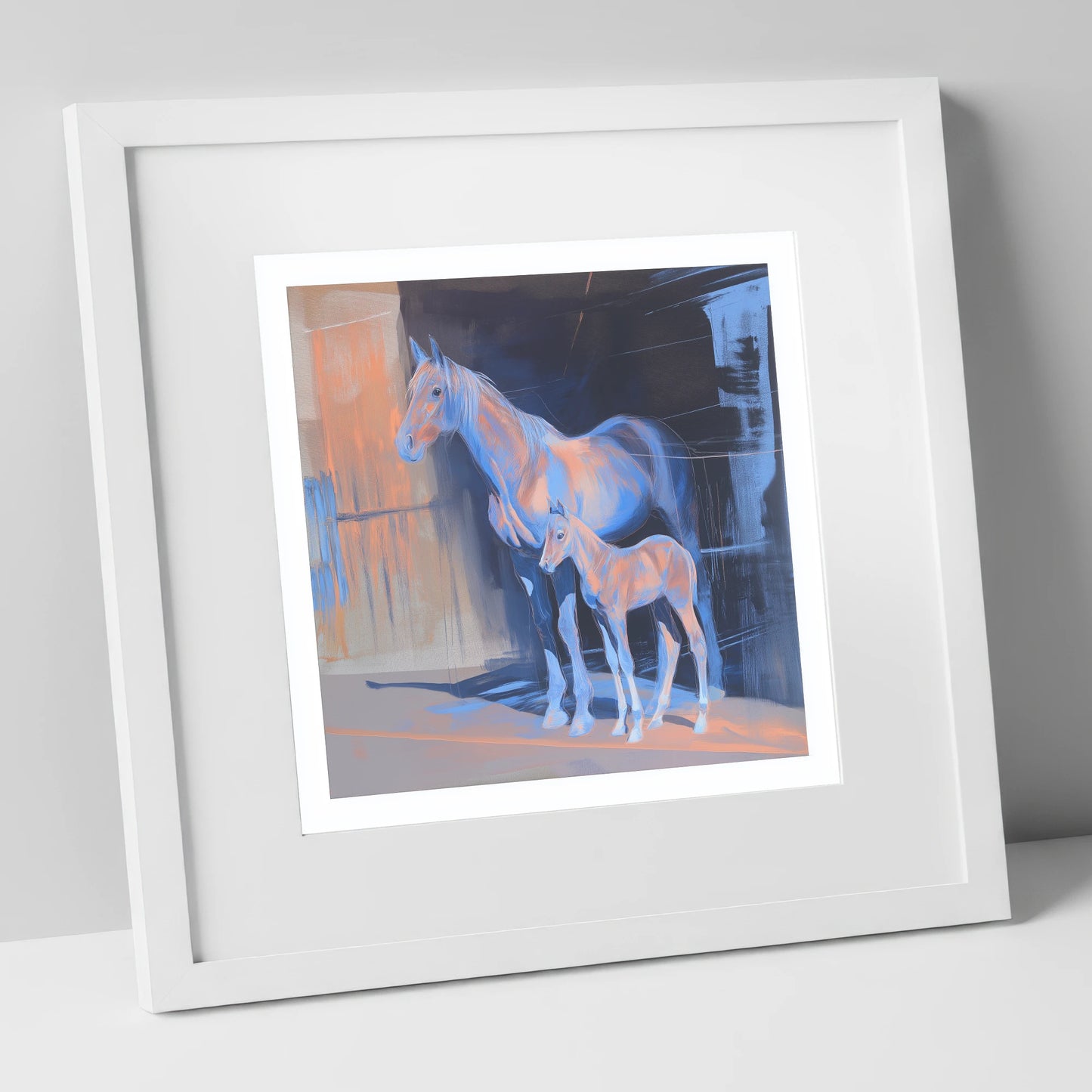 Luminous Mare And Foal mare & foal art print in white frame