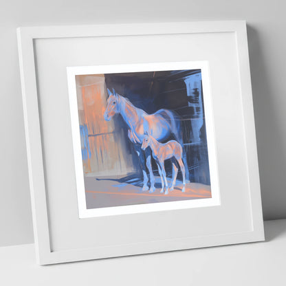 Luminous Mare And Foal mare & foal art print in white frame