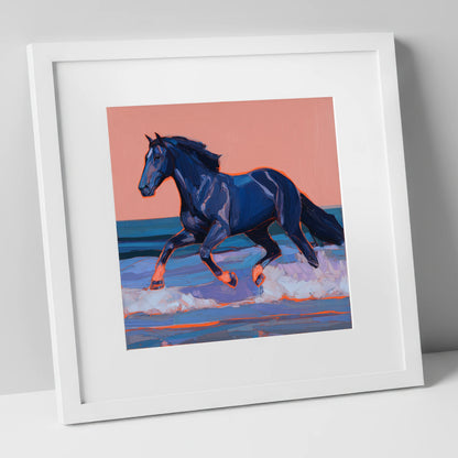 Indigo Surf Canter beach horse art print in white frame