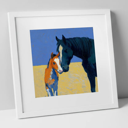 Sun-Drenched Bond mare & foal art print in white frame