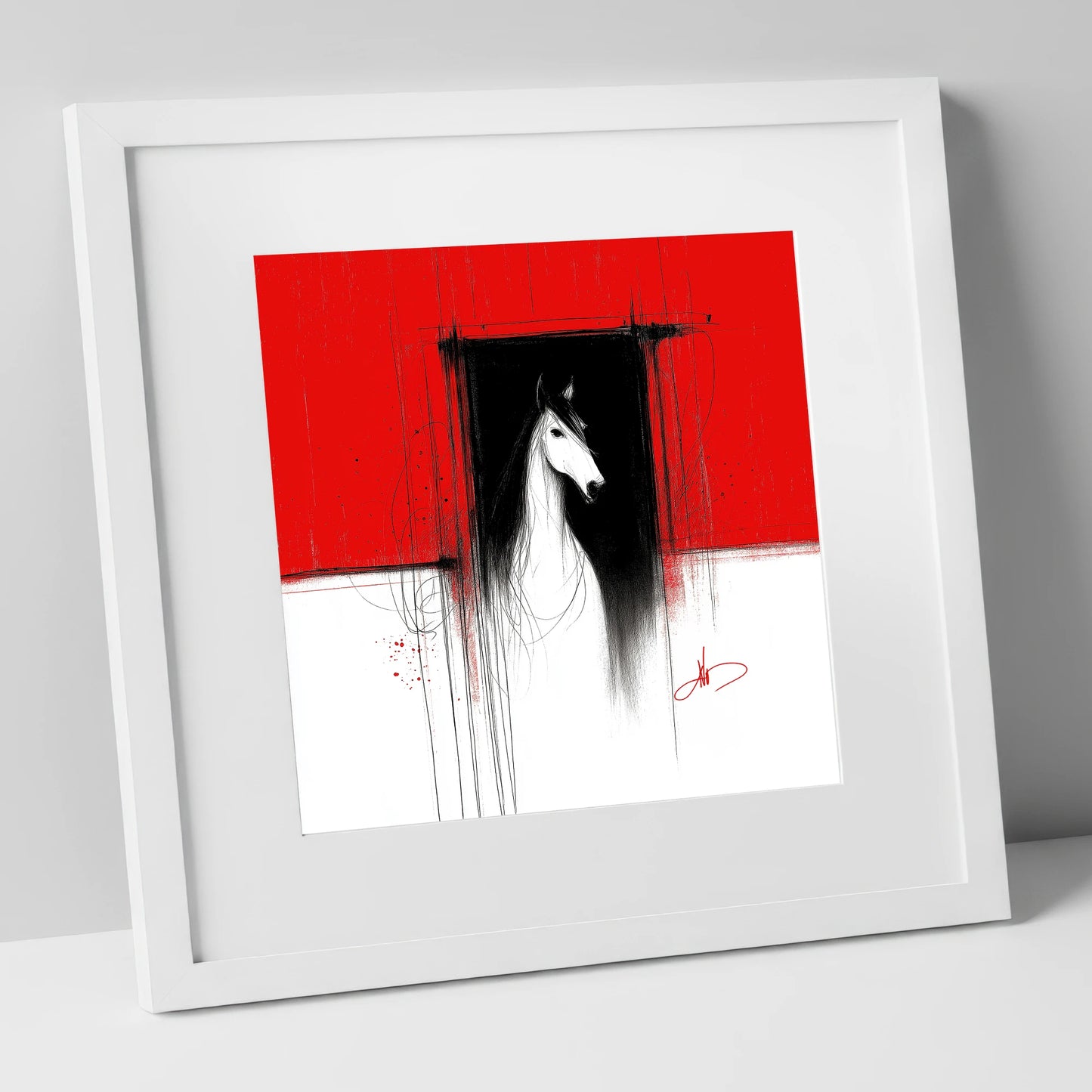 The Crimson Doorway horse stable art print in white frame