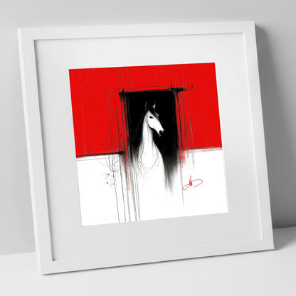 The Crimson Doorway horse stable art print in white frame