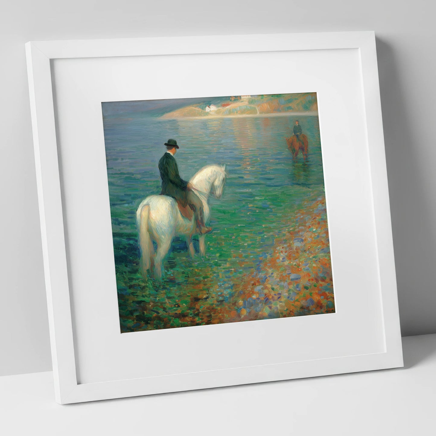Emerald Shoreline Hack beach horse art print in white frame
