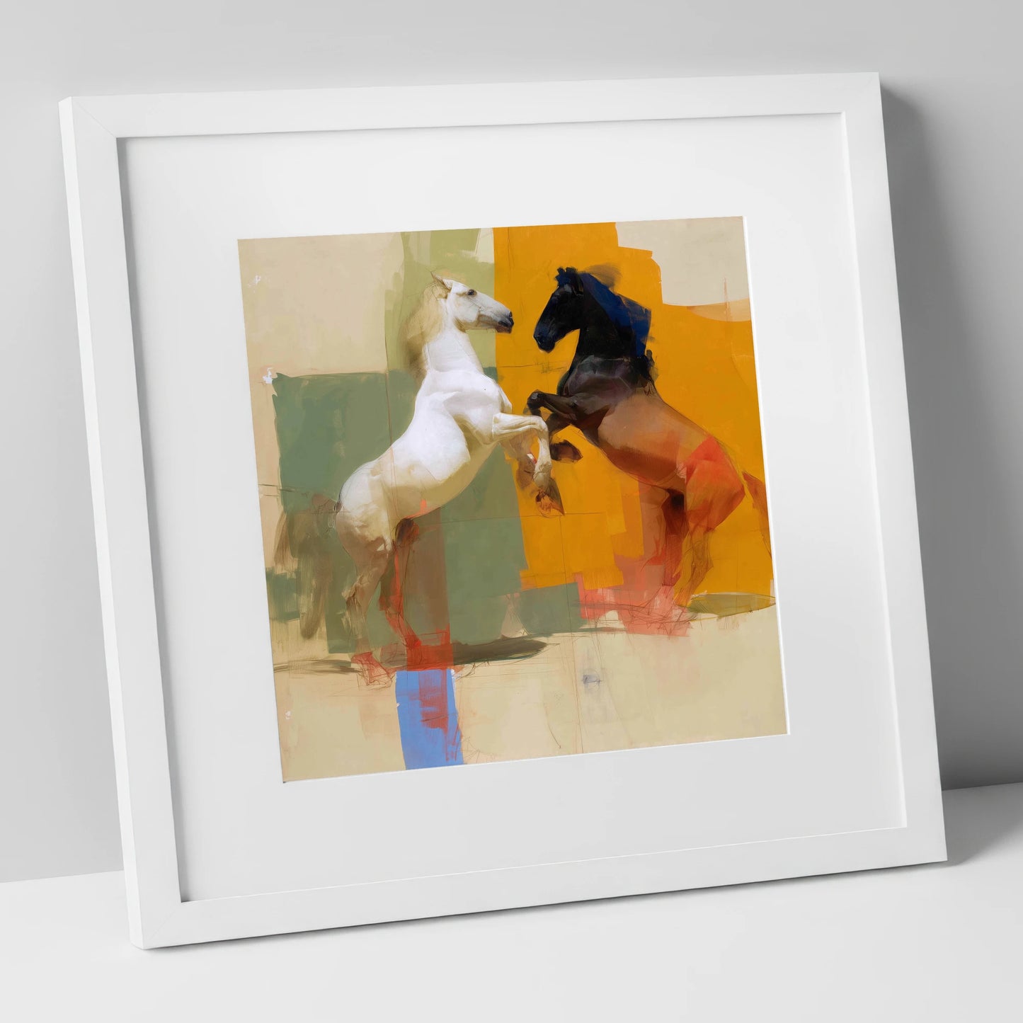 The Bold Encounter wild horses art print in white frame