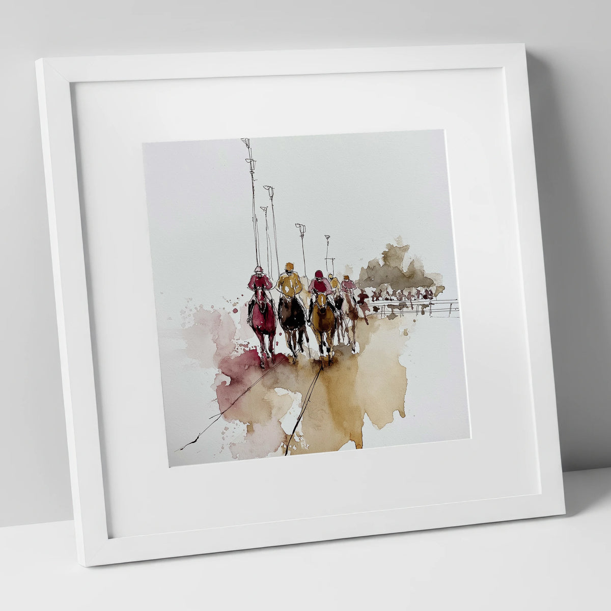 Racehorses in Plum and Ochre racing horse art print in white frame