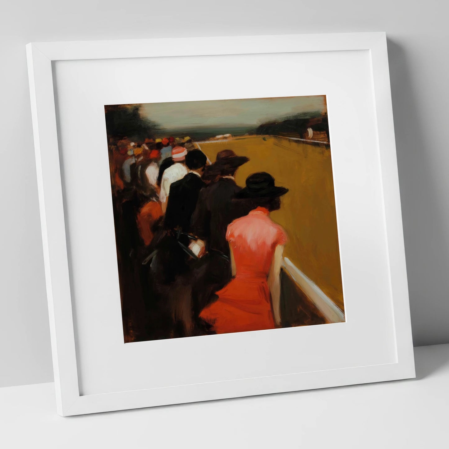 Anticipation at the Rails racing horse art print in white frame