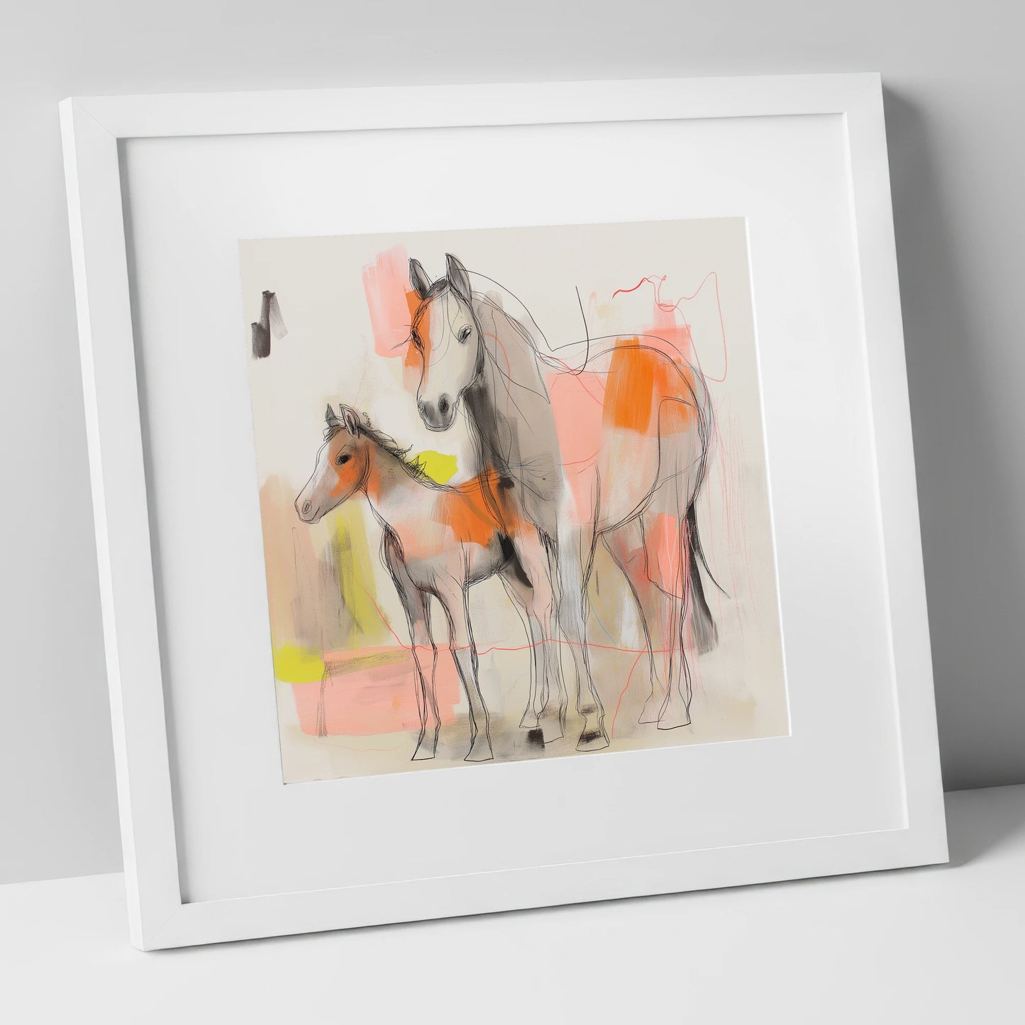Contemporary Bond mare & foal art print in white frame