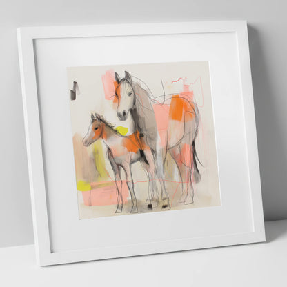 Contemporary Bond mare & foal art print in white frame