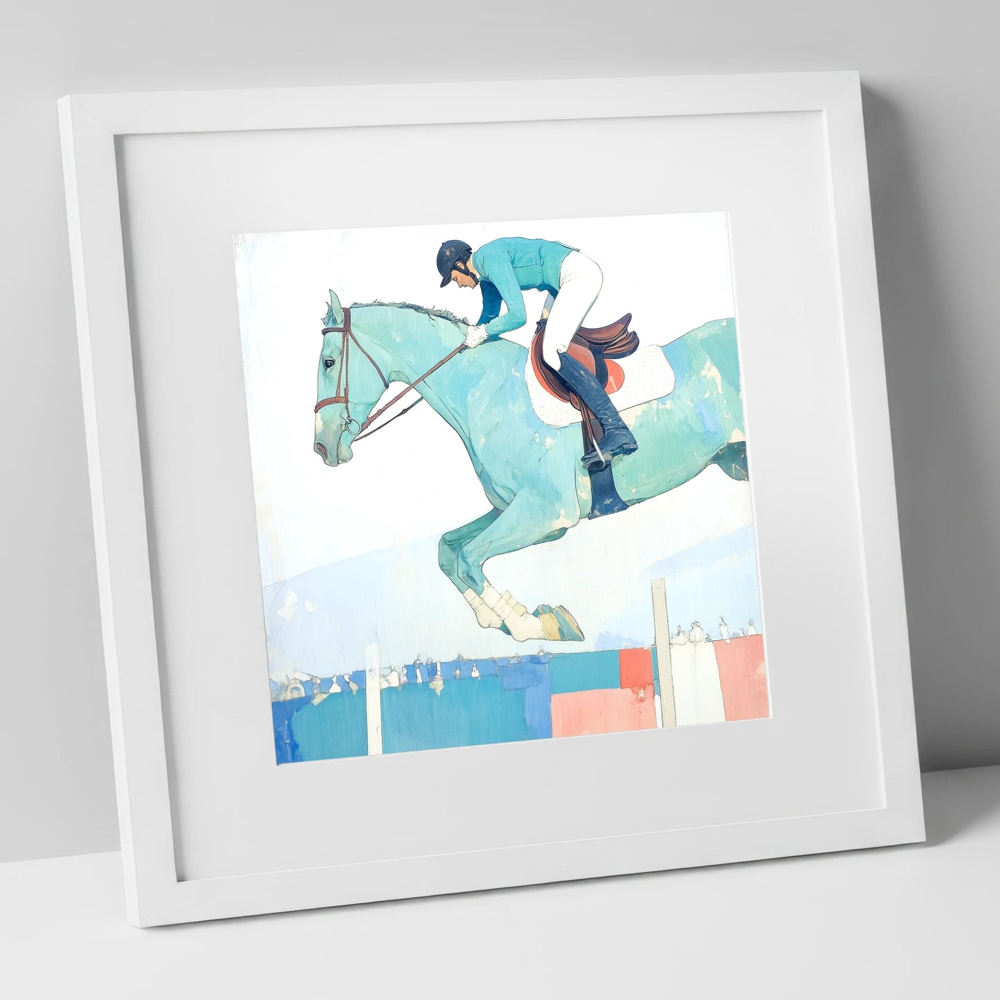 Aquamarine Ascent show jumping horse art print in white frame