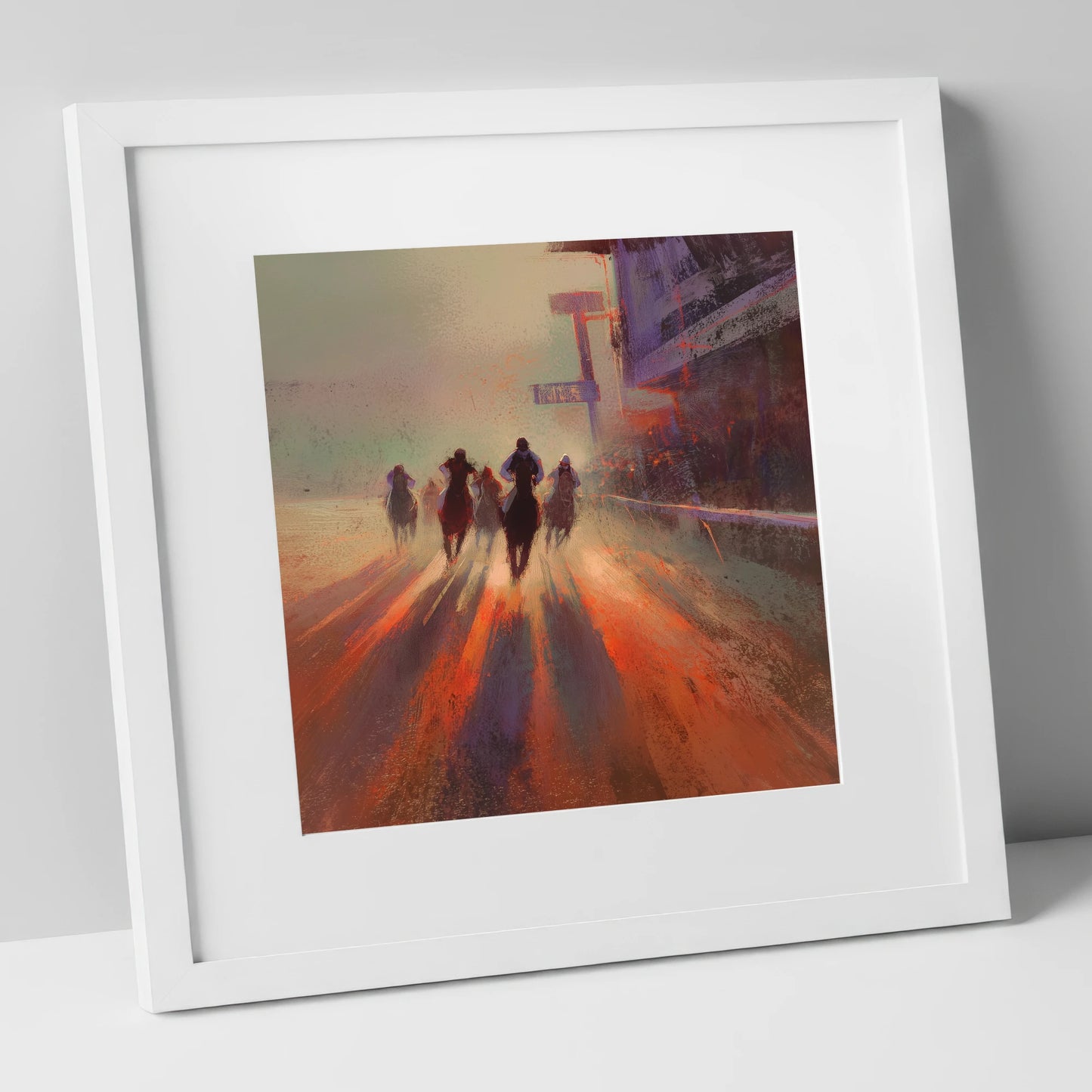Shadows on the Track racing horse art print in white frame