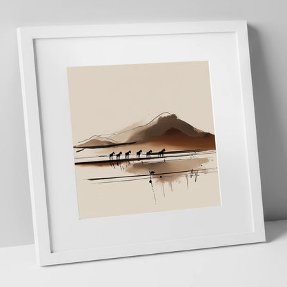 Journey Beneath the Peak horse landscape art print in white frame