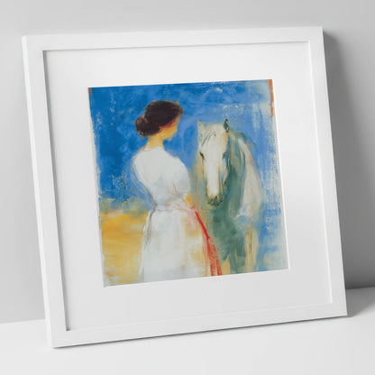 Whispers in Blue horse & rider art print in white frame
