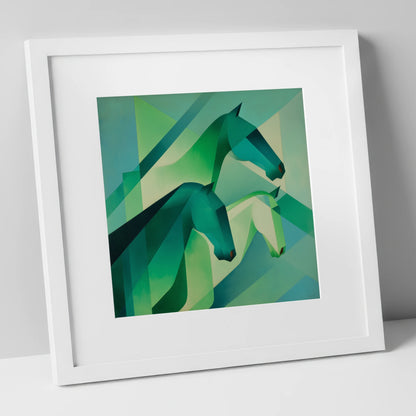 Emerald Equine Rhythms wild horses art print in white frame