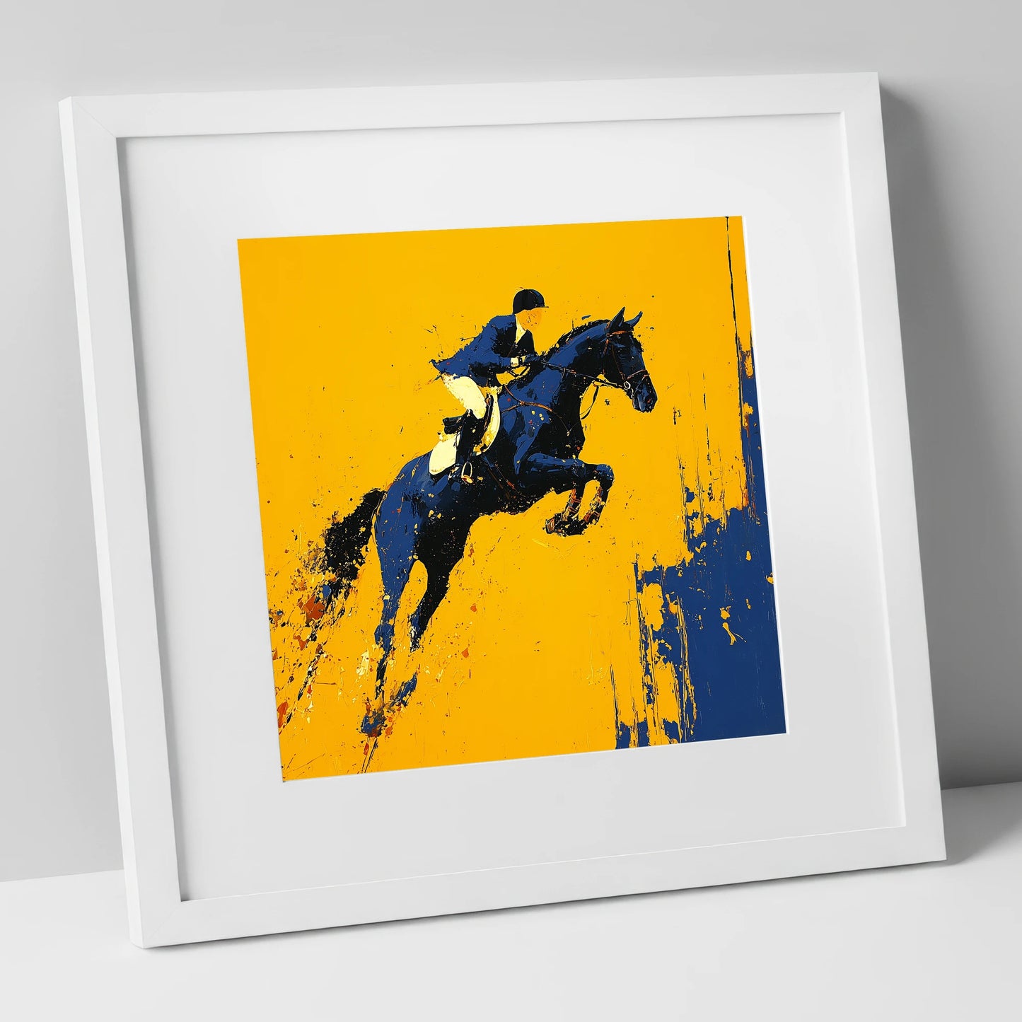 Airborne Over Gold show jumping horse art print in white frame