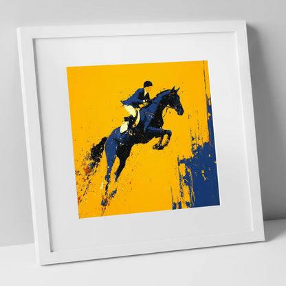 Airborne Over Gold show jumping horse art print in white frame
