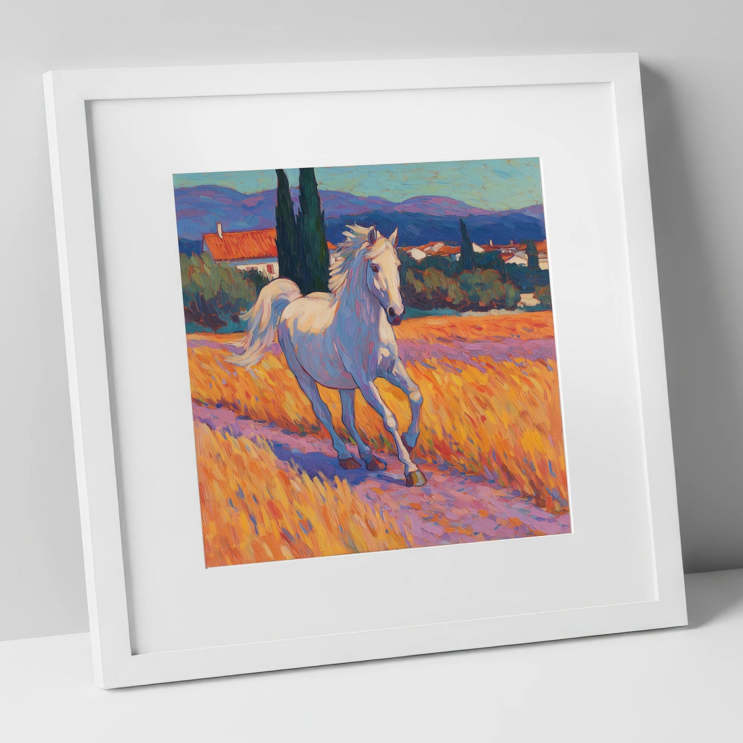 Sunlit Provincial Grey horse breed art print in white frame